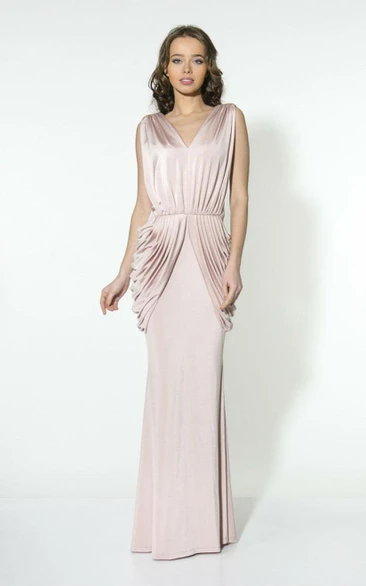 V Neck Sleeveless Sheath Charmeuse Floor Length Dress