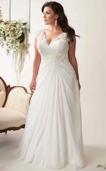 Sheath V-Neck Appliqued Cap-Sleeve Chiffon Plus Size Wedding Dress With Ruching And Keyhole