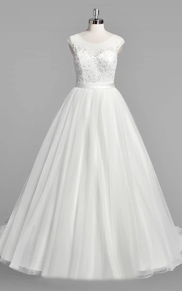 Scoop Neck Cap Sleeve A-Line Tulle Wedding Dress With Beaded Bodice