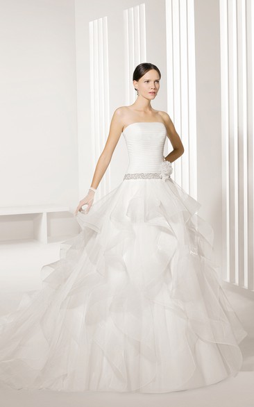 Top-Ruched Strapless Gown With Illusion Cape And Beaded Sash