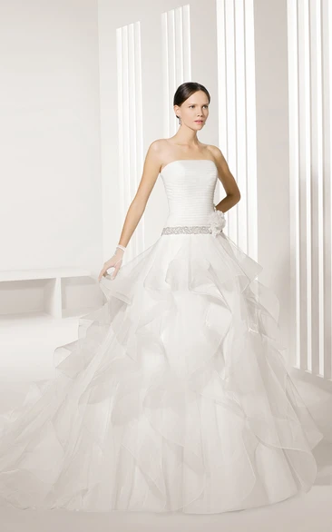 Top-Ruched Strapless Gown With Illusion Cape And Beaded Sash