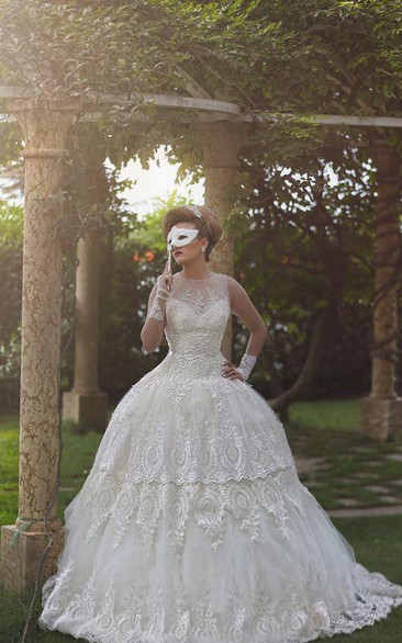 Elegant Tulle Lace Appliques Illusion Wedding Dress Ball Gown Zipper