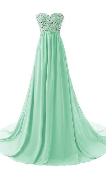 Sweetheart Pleated Chiffon A-line Gown With Rhinestones