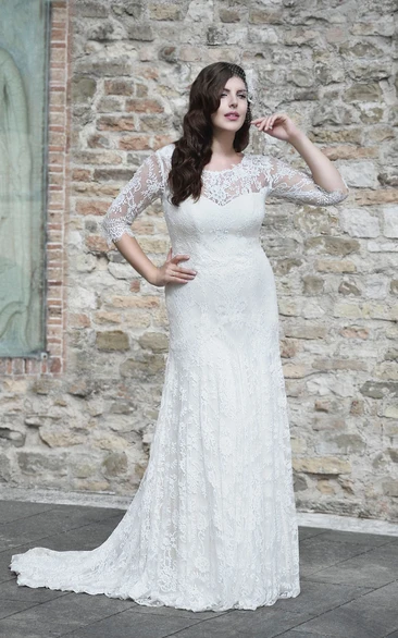 Sheath Floor-Length Scoop Neck Half Sleeve Lace Sweep Train Illusion Appliques Dress