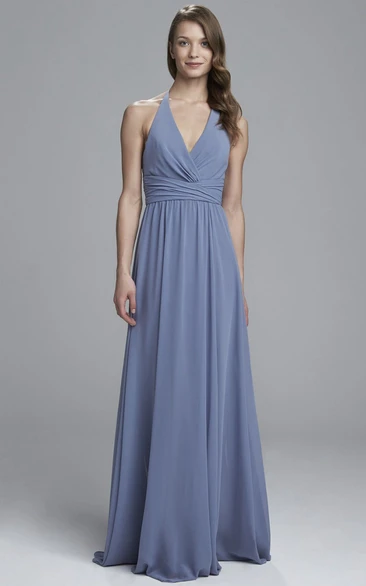 Sheath V-Neck Floor-Length Ruched Sleeveless Chiffon Bridesmaid Dress