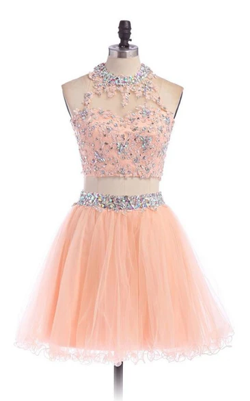 A-line Short High Neck Tulle Dress with Beadings