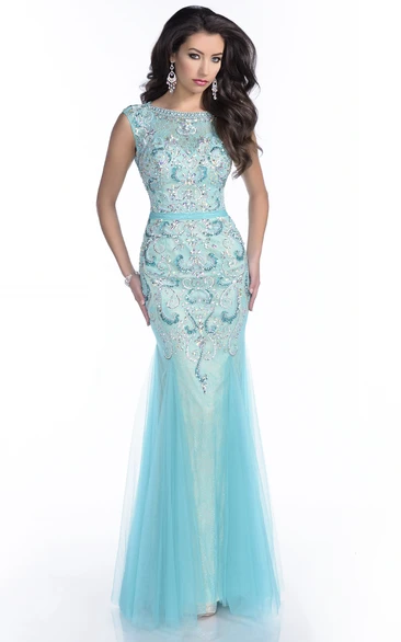 Sleeveless Tulle Mermaid Gown With Keyhole Back And Pearls