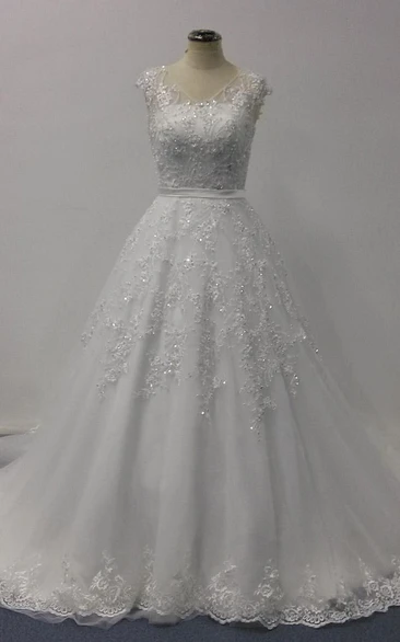 A-Line Ball Gown Short V-Neck Bell Cap Illusion Beading Appliques Sash Illusion Chapel Train Button Zipper Illusion Tulle Lace Sequins Satin Dress