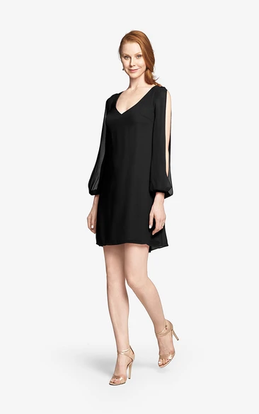 Fabulous Mini Sweetheart V-neck Chiffon Dress With Long Sleeves