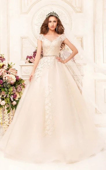 Ball Gown Floor-Length V-Neck Cap-Sleeve Illusion Lace Dress With Appliques And Waist Jewellery