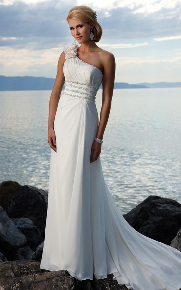 sheath One Shoulder Hand-made Flower Chiffon Sweep Train Wedding Dress