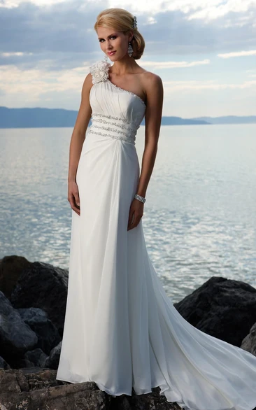 sheath One Shoulder Hand-made Flower Chiffon Sweep Train Wedding Dress