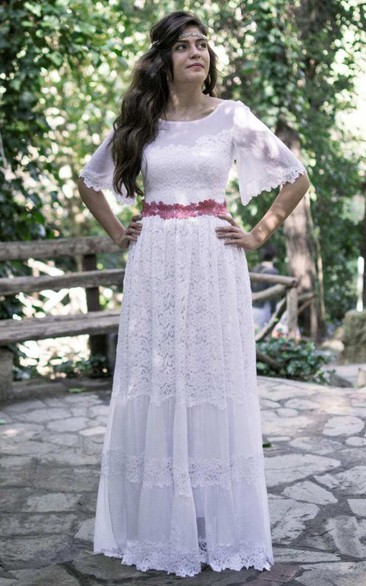 Bateau Bell-Sleeve Lace Full Wedding Dress