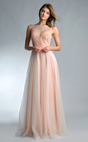 A-line Floor-length High Neck Sleeveless Tulle Low-V Back Dress