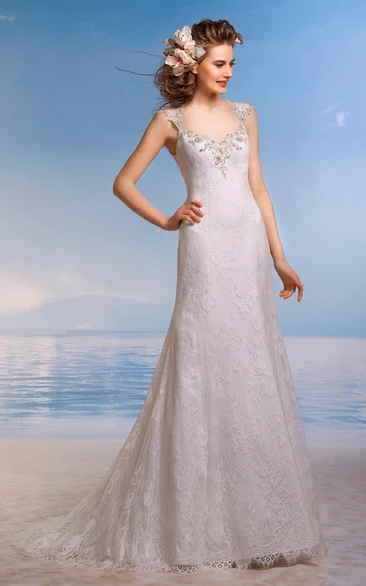 A-Line Long Queen-Anne Sleeveless Keyhole Lace Dress With Beading