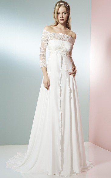 A-Line 3-4 Sleeve Off-The-Shoulder Lace Empire Chiffon Wedding Dress