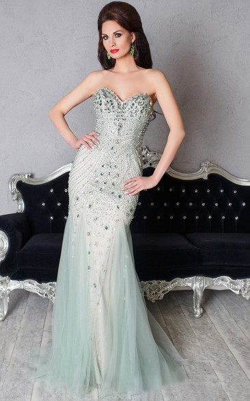 Mermaid Floor-Length Sweetheart Sleeveless Tulle Beading Pleats Zipper Dress