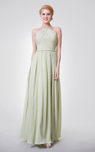 Wonderful A-line Pleated Chiffon Long Dress With Knot Belt