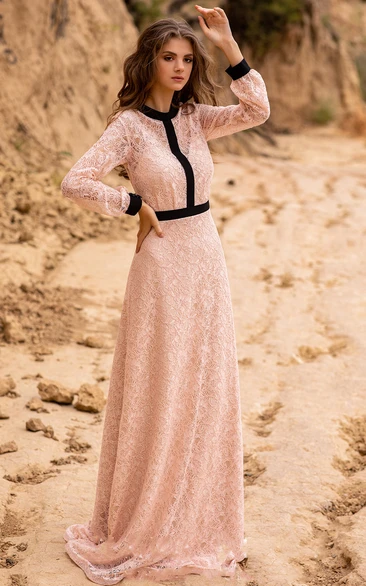 Long Sleeved A Line Modest Lace Evening Dress