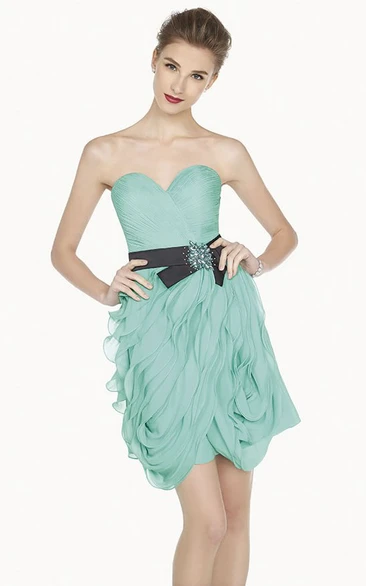 Sweetheart Sheath Mini Prom Dress With Floral Sash And Ruffles