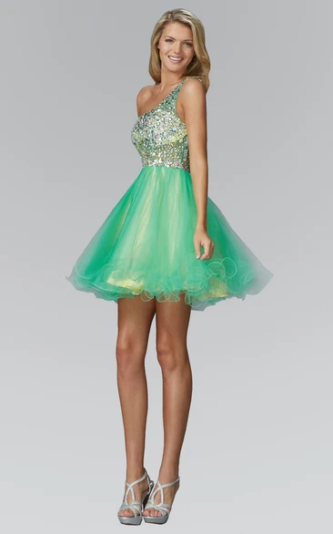 A-Line Short One-Shoulder Sleeveless Tulle Dress With Ruffles And Beading