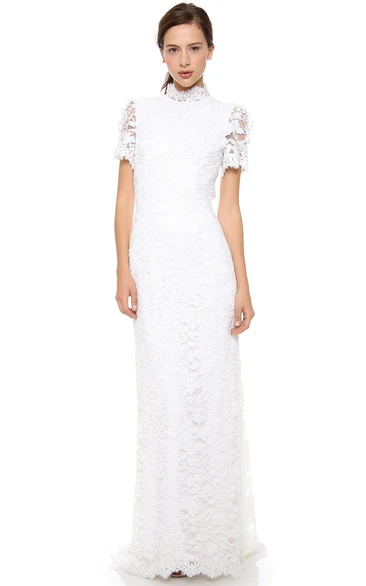 Long High Neckline Sheath Lace Dress With Keyhole Back Style