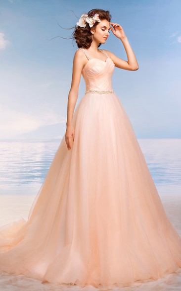 A-Line Floor-Length Straps Sleeveless Keyhole Tulle Dress With Beading And Criss Cross