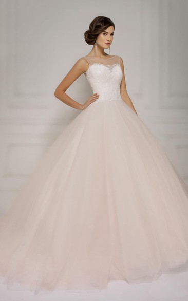 A-Line Maxi Bateau-Neck Sleeveless Lace-Up Tulle Dress With Lace Appliques And Keyhole