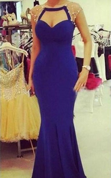 Sexy Mermaid Cap Sleeve Prom Dress Zipper Button Back