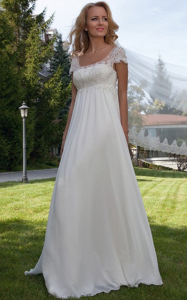 Cap Sleeve Appliqued Empire Scoop Neck Chiffon Wedding Dress