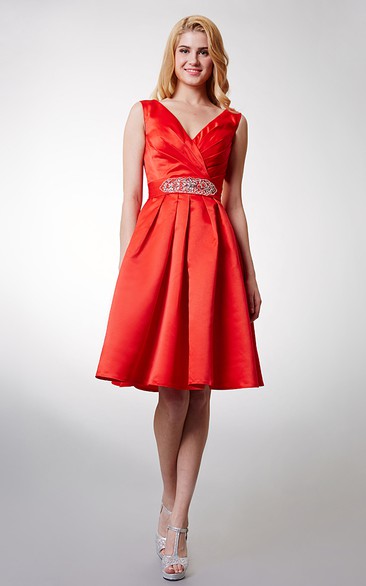 Impressive Sleeveless V-neck Short Satin Dress With Beaded Sash