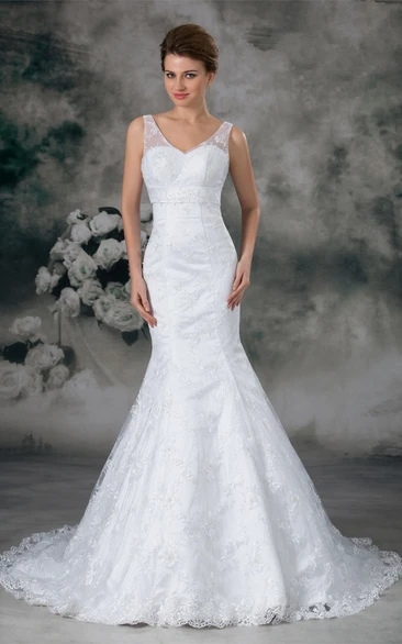 Dramatic Satin Appliqued Trumpet V Neck Wedding Dresses