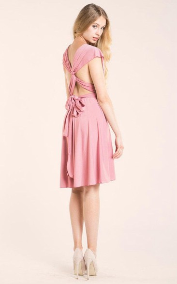 V Neck Cap Sleeve A-line Knee Length Jersey Dress With Criss-cross Back