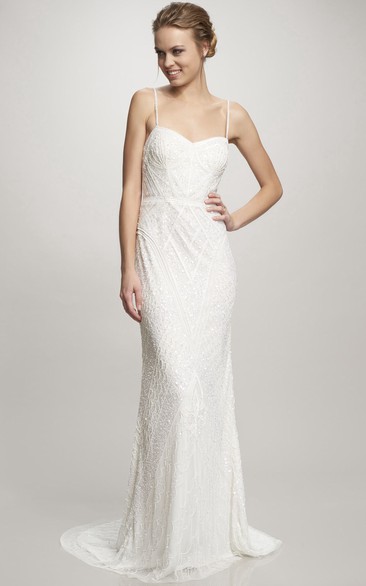 Maxi Spaghetti Beaded Chiffon Wedding Dress With Sweep Train