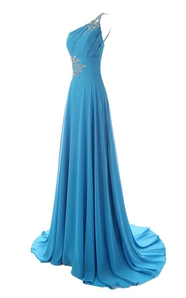 Sequined One-shoulder Chiffon A-line Dress With Lace-up Back