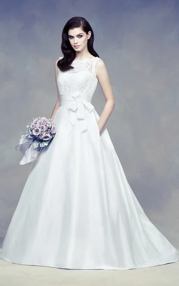 Bateau A-Line Exquisite Dress With V Back And Bow Sash