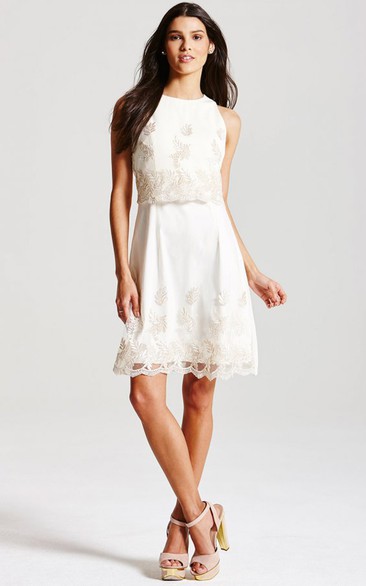 High-Neck Sleeveless Knee-Length Dress With Lace