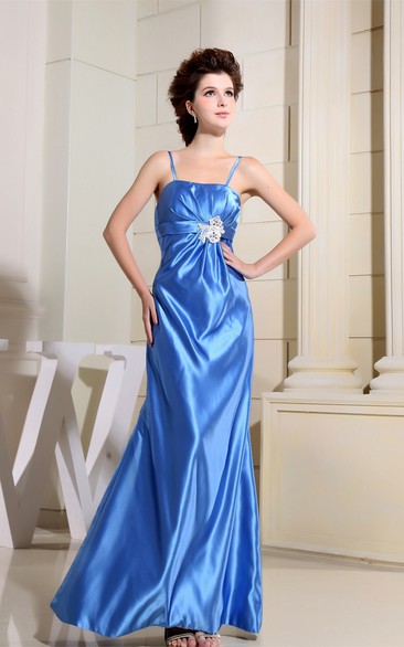 Sleeveless Spaghetti Straps Satin Sheath Gown With Jeweled Sash and Zipper Back