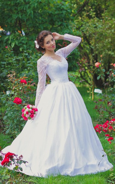 Long Illusion Sleeve Queen Anne Neckline A-Line Tulle Gown