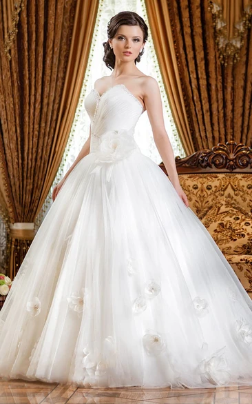 Ball Gown Floor-Length Sweetheart Sleeveless Tulle Dress With Beading And Flower