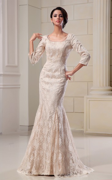 Square-Neck Long-Sleeve Mermaid Dress With Lace Appliques