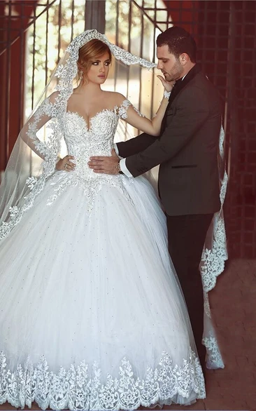 Gorgeous Long Sleeve Lace Ball Gown Wedding Dress With Train on Sale