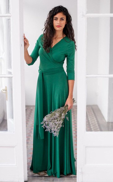 V Neck 3-4 Sleeve A-line Pleated Jersey Long Dress With Sash