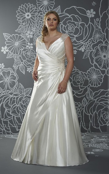 A-Line Floor-Length V-Neck Sleeveless Satin Sweep Train Illusion Side Draping Dress