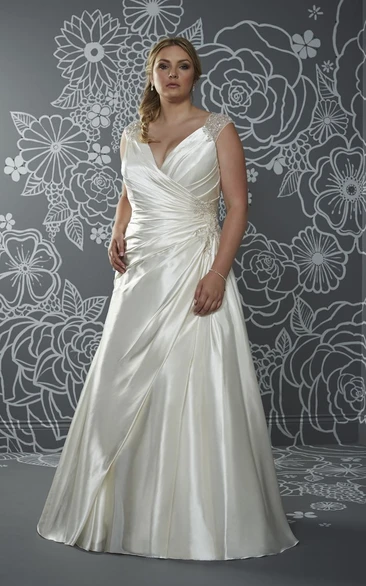 A-Line Floor-Length V-Neck Sleeveless Satin Sweep Train Illusion Side Draping Dress