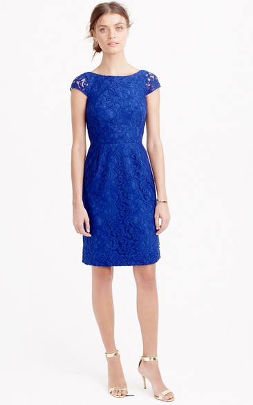 Mini Appliqued Cap Sleeve Bateau Neck Lace Bridesmaid Dress With Low-V Back