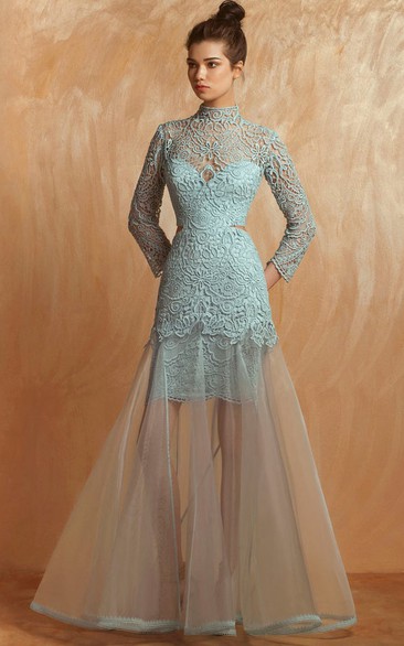 Modern Tulle High Neck Long Sleeve Appliques Evening Dress With Zipper