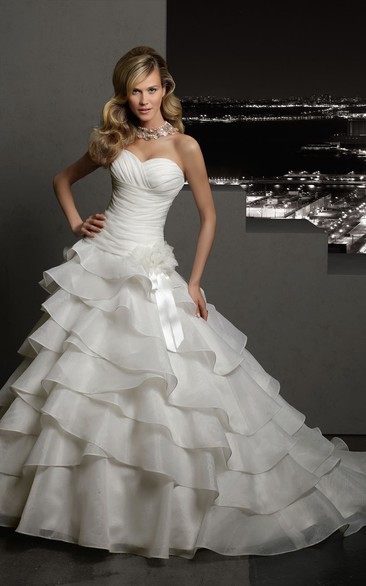 A-Line Long Sweetheart Sleeveless Lace-Up Organza Dress With Tiers And Flower