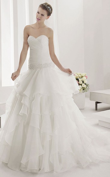 Sweetheart Ruched Bodice Wrop Waist Bridal Gown With Layered Tulle Skirt