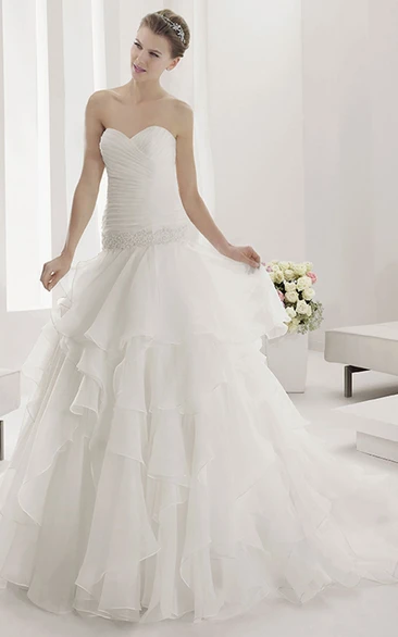 Sweetheart Ruched Bodice Wrop Waist Bridal Gown With Layered Tulle Skirt